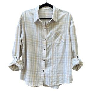prAna Percy Moonlight Plaid Cotton Flannel Top Cream Blue Tan Women’s Medium